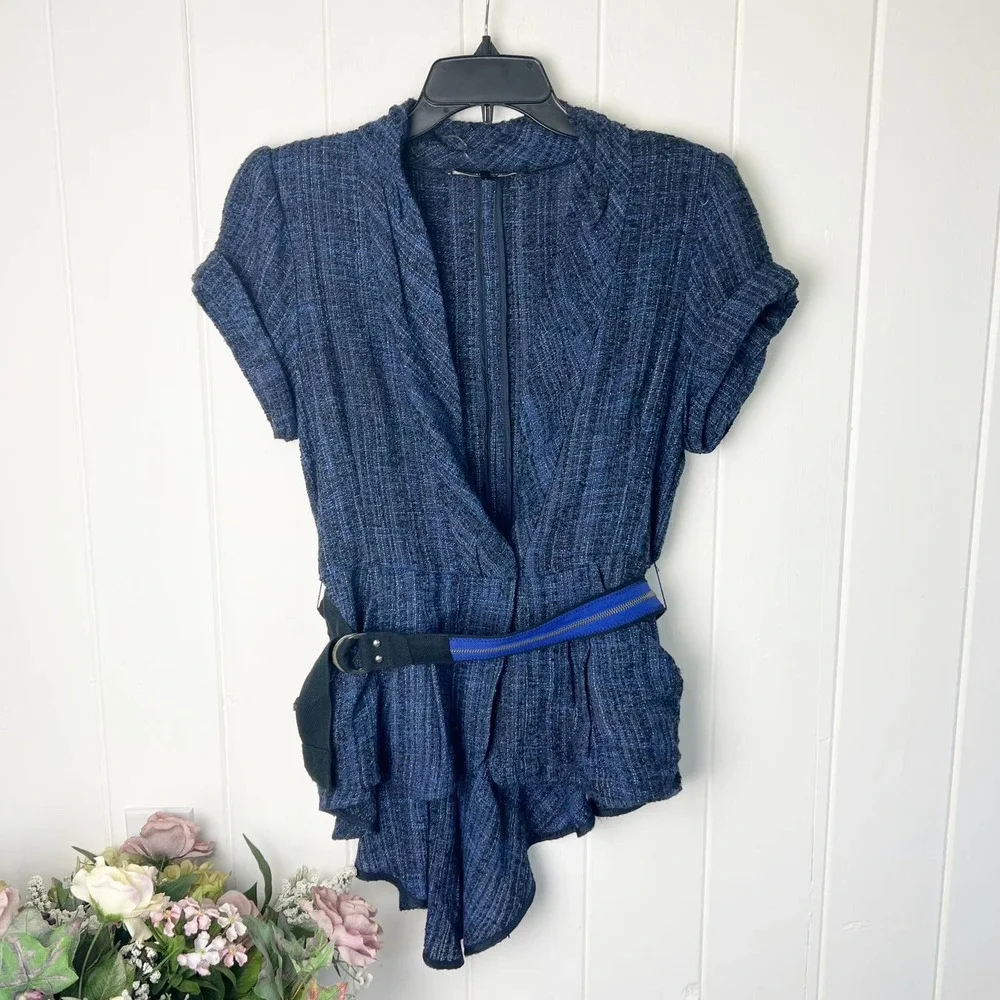 Nanette Lepore Blue Tweed Belted Asymmetrical Blazer size 10 - Picture 2 of 9